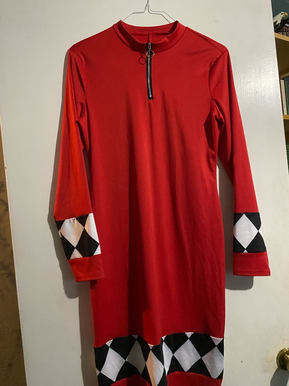 Red Long Sleeve Dress with Harlequin Trim